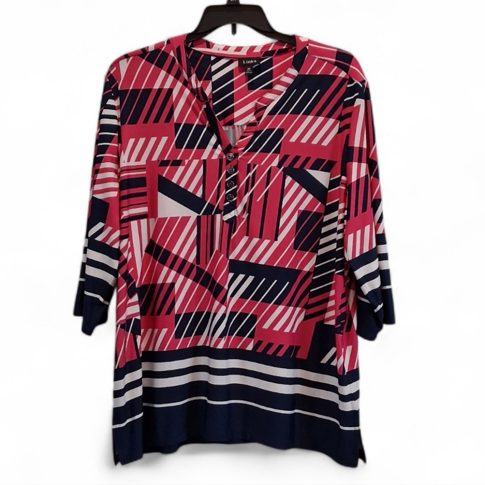 Links Women's Size 2X Geometric Pink White and Blue Ling Sleep Tunic Top Shirt